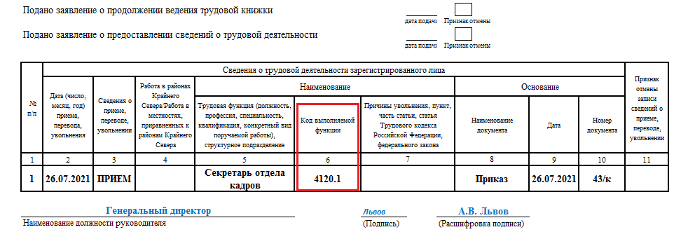 Как заполнить код выполняемой функции в отчете сзв тд образец